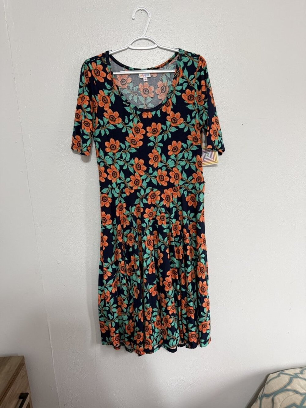NWT LuLaRoe Nicole Navy Orange Teal Floral Dress XL 💙